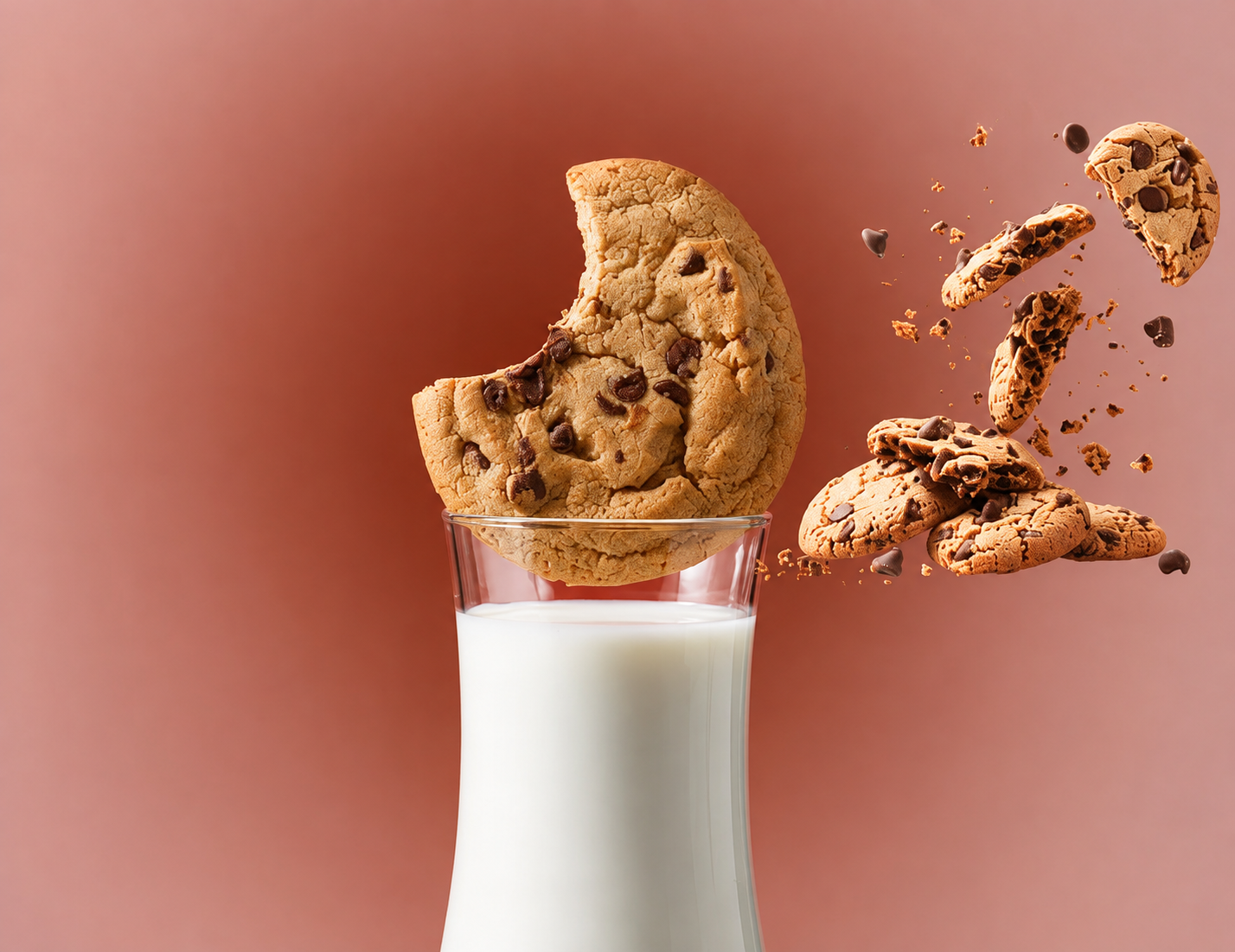 Chocolate chip cookies falling into a glass of milk